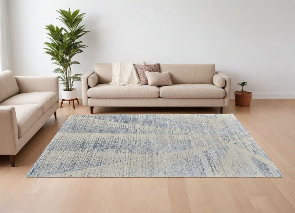 6' x 9' Abstract Hand Knotted Worn Faded Area Rug - Ivory And Blue