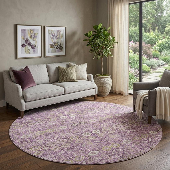8' Tribal Washable Round Rug With UV Protection (649879) - Lavender / Ivory