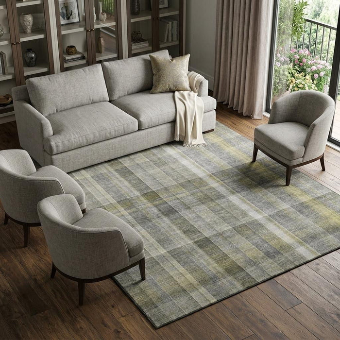 9' X 12' Plaid Washable Area Rug With UV Protection (648015) - Gray / Gold