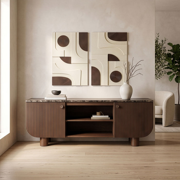 Meridian Furniture Cressa mango wood media console TV stand with open shelves and sleek design, suitable for modern living rooms.