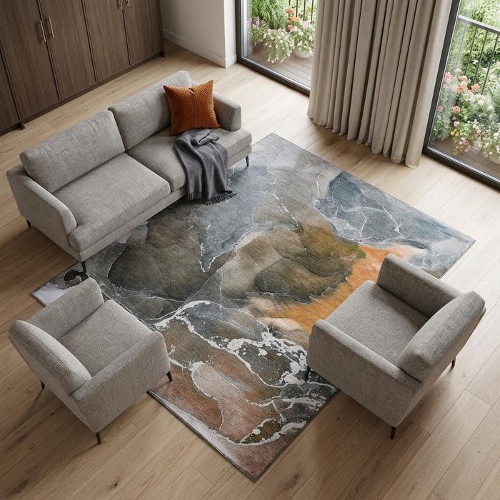 9' X 12' Abstract Washable Area Rug With UV Protection (646691) - Orange / Charcoal