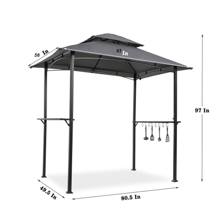 Giga outdoor grill gazebo with double-tier soft top canopy, steel frame, bar counters, and hooks for outdoor cooking and shade.