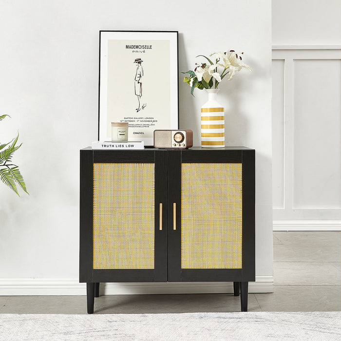 Giga side panel buffet cabinet with natural rattan door, black and beige accent storage cabinet with adjustable shelves for bedroom or living room