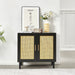 Giga side panel buffet cabinet with natural rattan door, black and beige accent storage cabinet with adjustable shelves for bedroom or living room