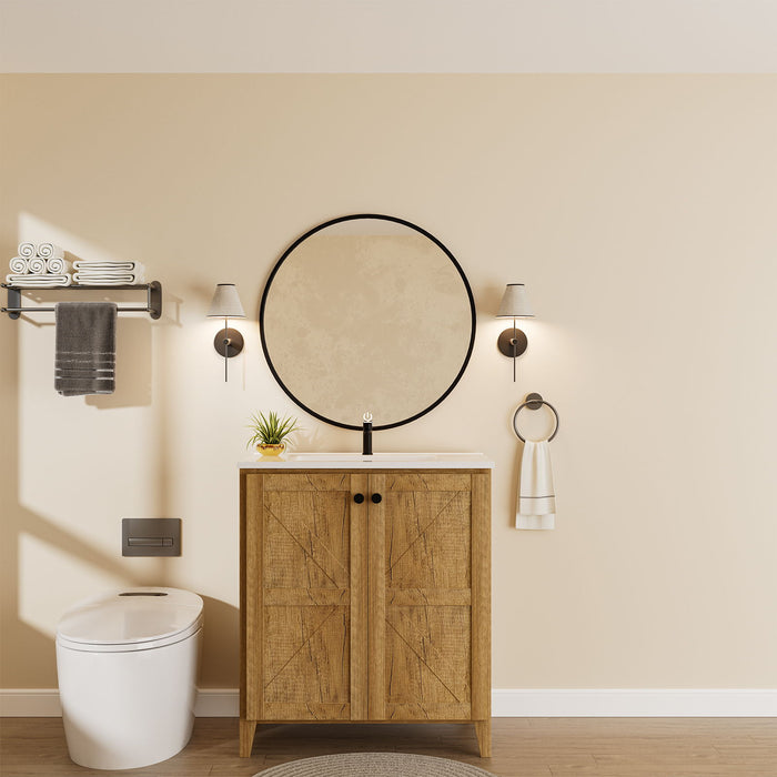 Giga folding floor cabinet vanity with ceramic sink, space-saving design, featuring a sleek white finish and compact storage space.