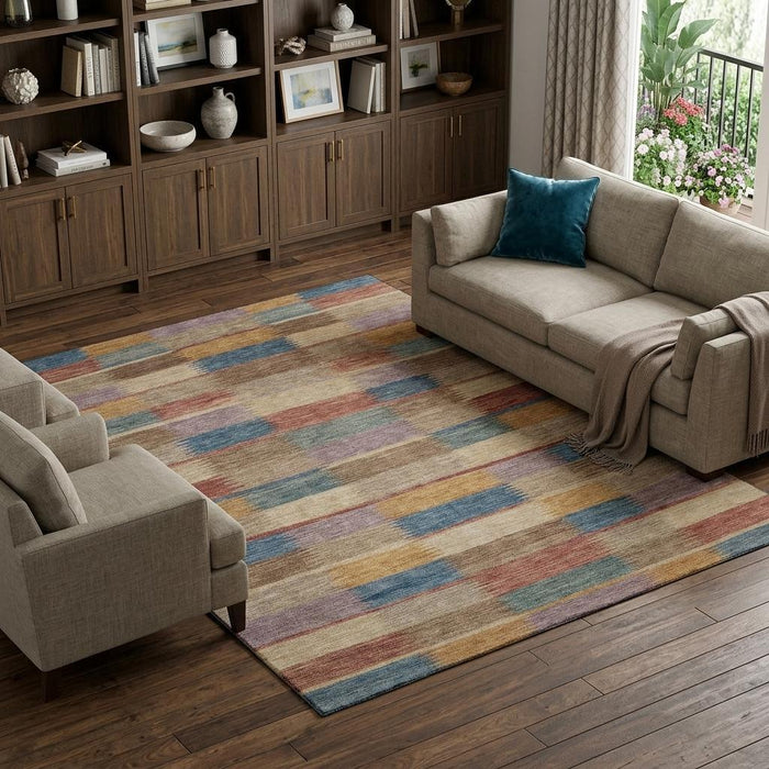 10' X 14' Striped Washable Area Rug With UV Protection (695306) - Beige / Blue / Gold