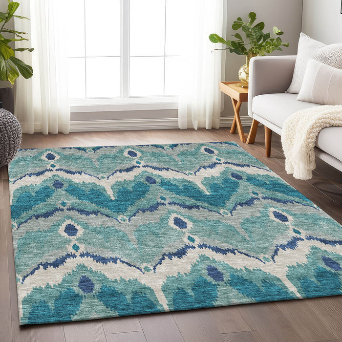 9' X 12' Ikat Washable Area Rug With UV Protection - Teal And Ivory