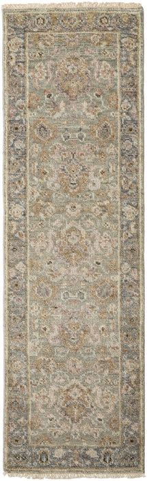 8' Wool Oriental Hand Knotted Traditional Runner Rug With Fringe - Gray And Gold