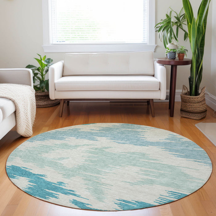 8' Abstract Washable Round Rug Polyester With UV Protection - Teal / Ivory
