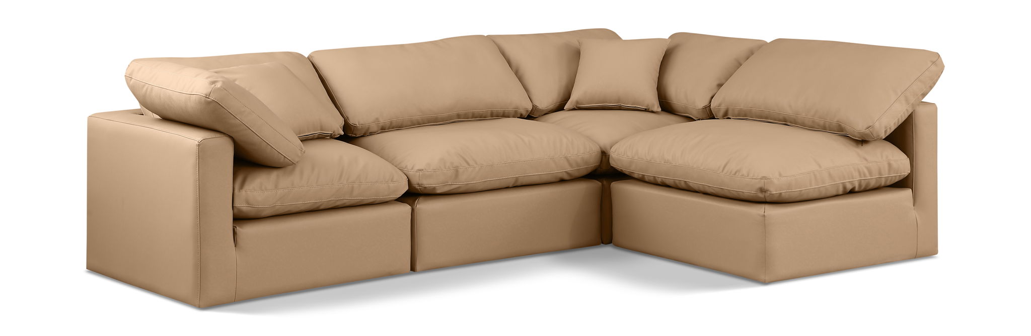 Tan faux leather Meridian Furniture Indulge 4-piece modular sectional sofa with stationary design and sleek, modern style.