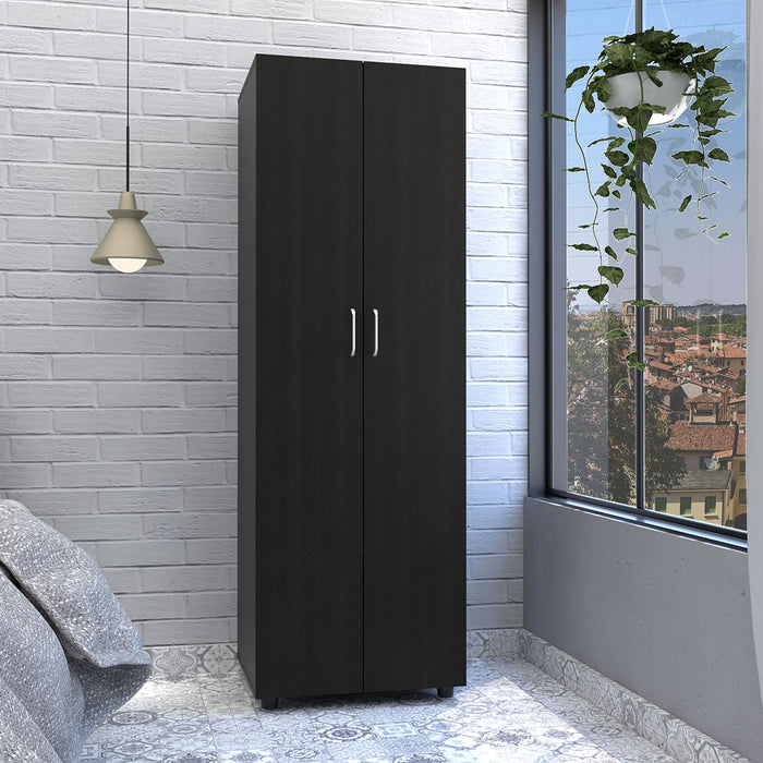 Giga wardrobe armoire organizer with two shelves, hanging rod, double doors, compact storage cabinet for clothing and accessories.