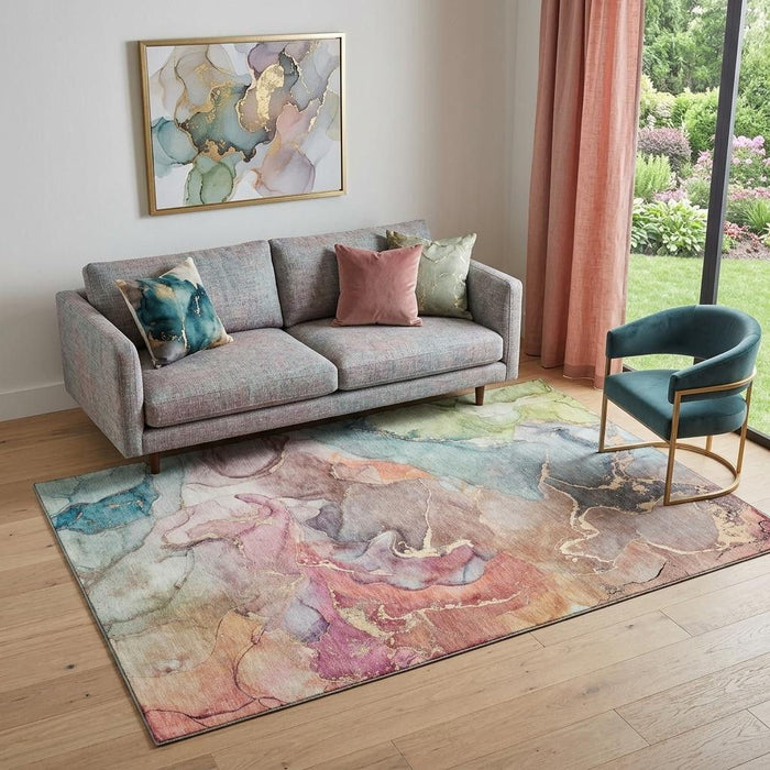 5' X 8' Abstract Washable Area Rug With UV Protection (646484) - Blue / Green / Rust