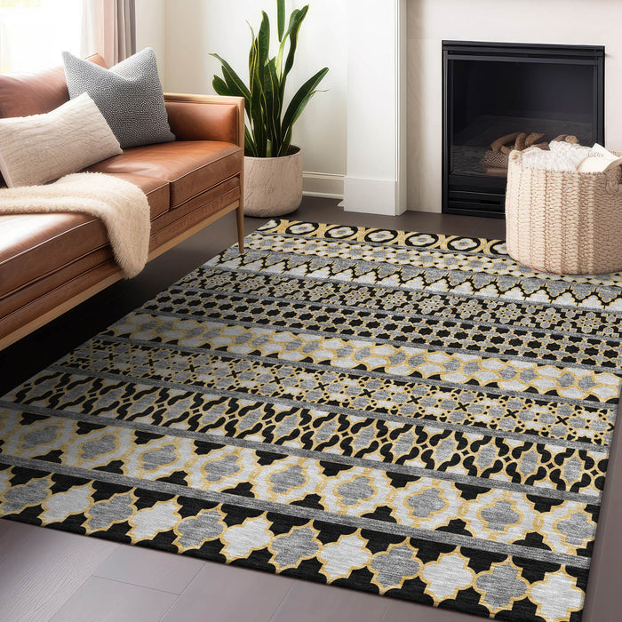 9' X 12' Copper Ikat Washable Area Rug With UV Protection - Charcoal