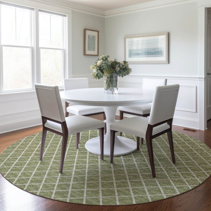 8' Geometric Washable Round Rug With UV Protection - Artichoke Green / Ivory