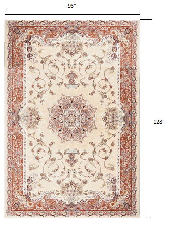 8' x 11' Oriental Power Loom Area Rug - Orange And Ivory