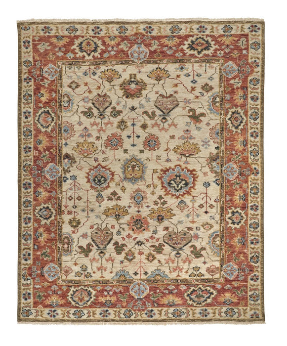 9' x 12' Wool Floral Hand Knotted Area Rug With Fringe - Red And Ivory