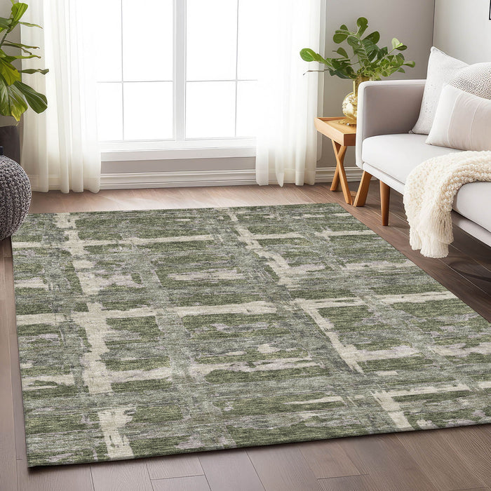 9' X 12' Striped Washable Area Rug With UV Protection - Olive Green And Beige