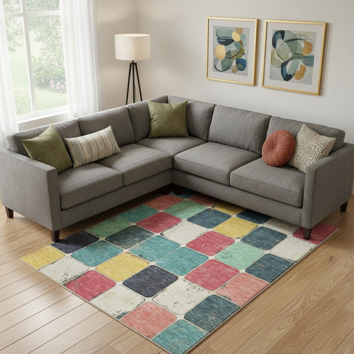 10' X 14' Geometric Washable Area Rug With UV Protection (709138) - Teal / Blush / Yellow