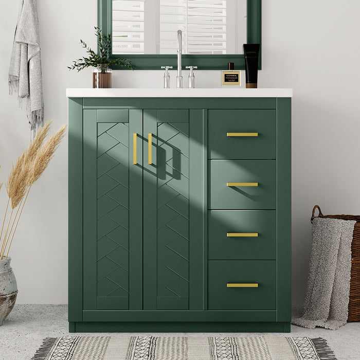 Giga bathroom vanity with sink, storage cabinet, three drawers, and soft-closing doors in a freestanding design.
