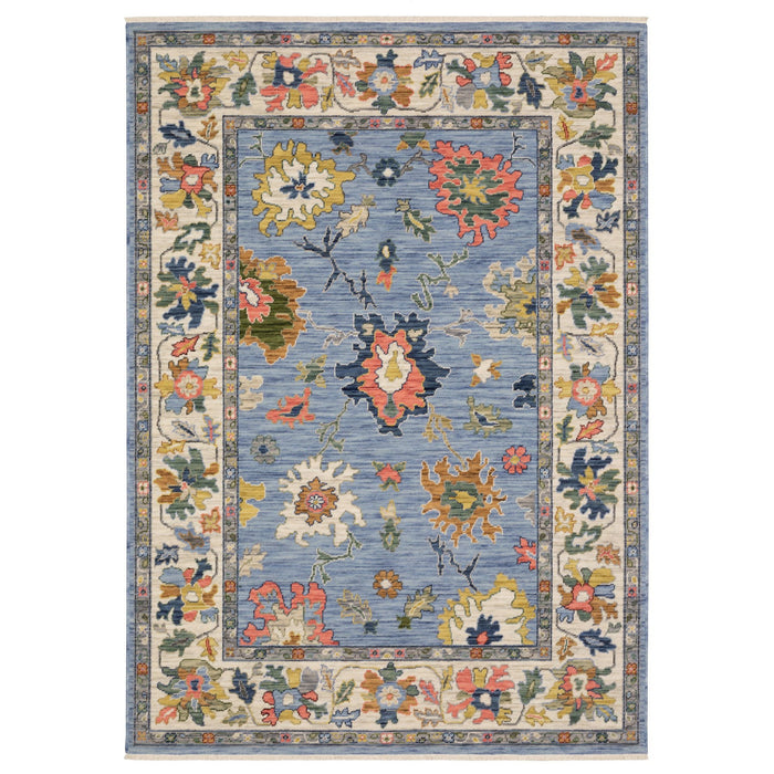 10' X 13' Oriental Area Rug With Fringe - Blue And Yellow