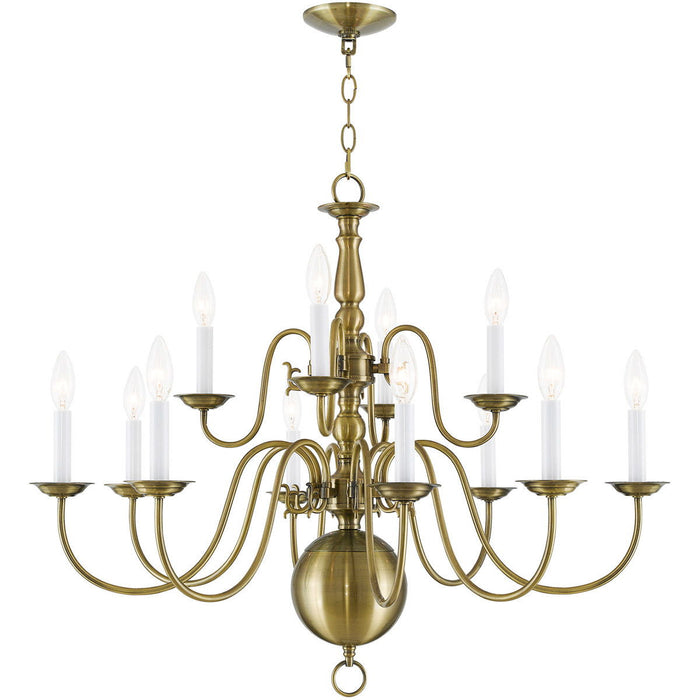 26" Twelve Light Dimmable Chandelier With Shades - Antiqued Brass