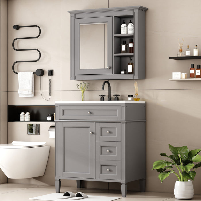 Gray Giga bathroom vanity with top sink, freestanding storage cabinet, mirror cabinet, 2 doors, and 3 drawers.
