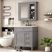 Gray Giga bathroom vanity with top sink, freestanding storage cabinet, mirror cabinet, 2 doors, and 3 drawers.