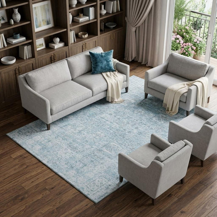 8' X 10' Floral Washable Area Rug With UV Protection (651206) - Sky Blue / Ivory