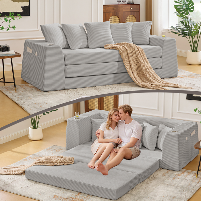 [NEW ARRIVED] [VIDEO PROVIDED] 82.25' Convertible Sofa Bed,Loveseat ,2 in 1 Sofa, Corduroy Pull Out Sofa Bed , 5 Pillows , Side Pocket,No Assembly,Bring Two Cup Holders,Wide Armrest,3 Seat,Light Gray