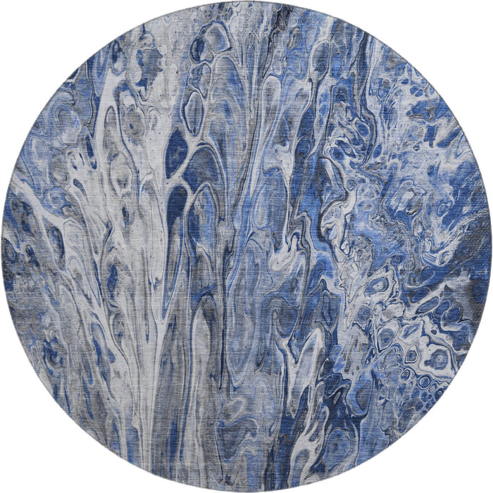 8' Abstract Washable Round Rug With UV Protection (650929) - Blue / Gray / Ivory