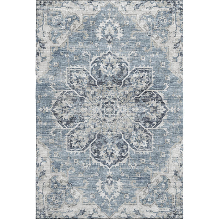 10' X 14' Floral Medallion Distressed Washable Area Rug With UV Protection (644544) - Blue / Ivory / Gray