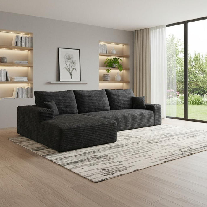 107" Corduroy Modular Compression Foam Sofa With Toss Pillows - Black