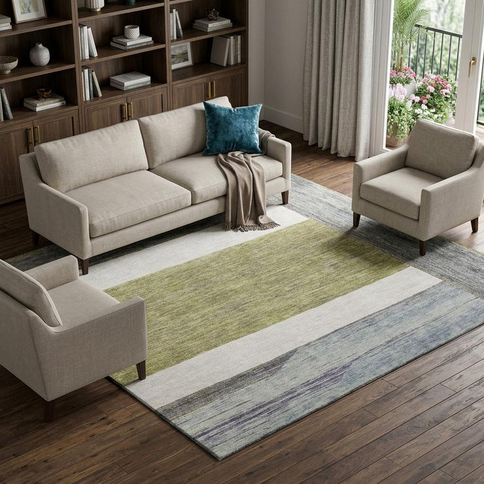 10' X 14' Striped Washable Area Rug With UV Protection (695090) - Artichoke Green / Ivory / Gray