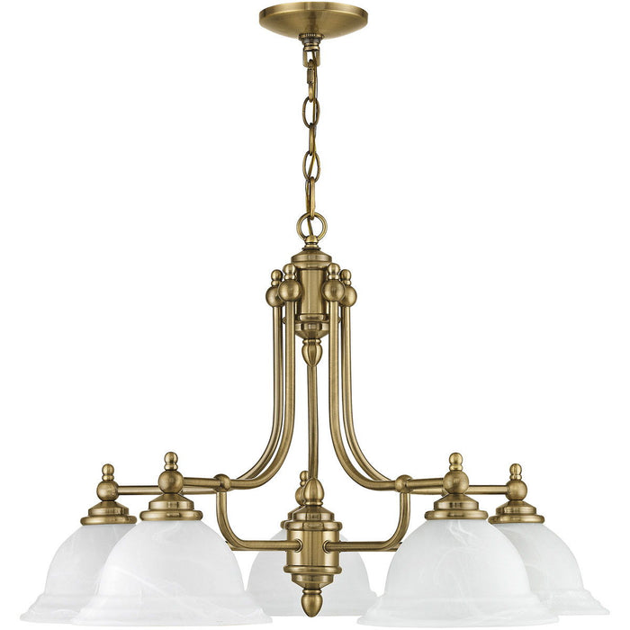 HomeRoots five-light metal chandelier with shades in antiqued brass and white, featuring a dimmable design and elegant lighting.