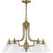 HomeRoots five-light metal chandelier with shades in antiqued brass and white, featuring a dimmable design and elegant lighting.