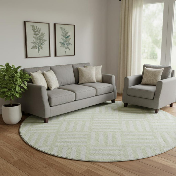 8' Geometric Washable Round Rug With UV Protection (652380) - Mint Green / Ivory