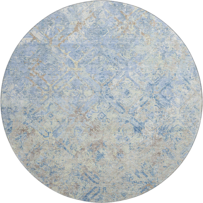 8' Diamond Washable Round Rug With UV Protection - Sky Blue
