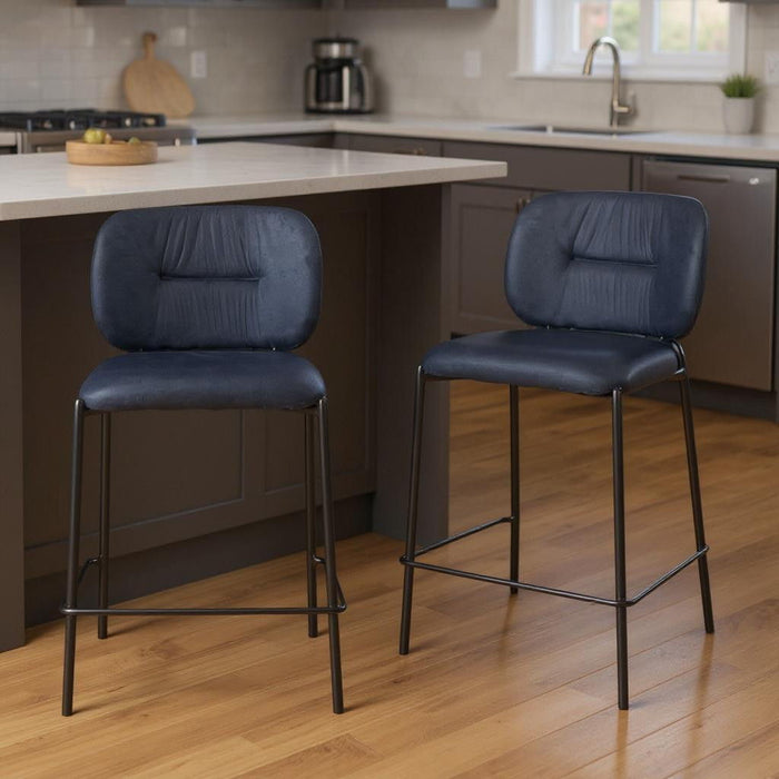 25" Velvet And Steel Counter Height Bar Chairs (Set of 2) - Blue / Black