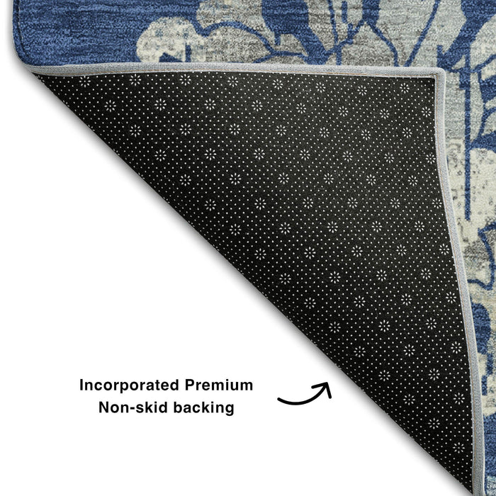 8' X 10' Floral Washable Area Rug With UV Protection (667925) - Navy Blue / Silver