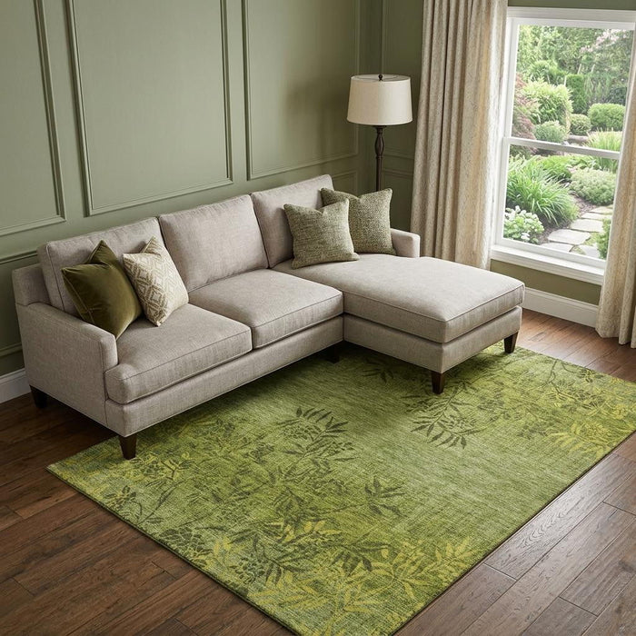 10' X 14' Floral Washable Area Rug With UV Protection (655662) - Olive Green / Gold