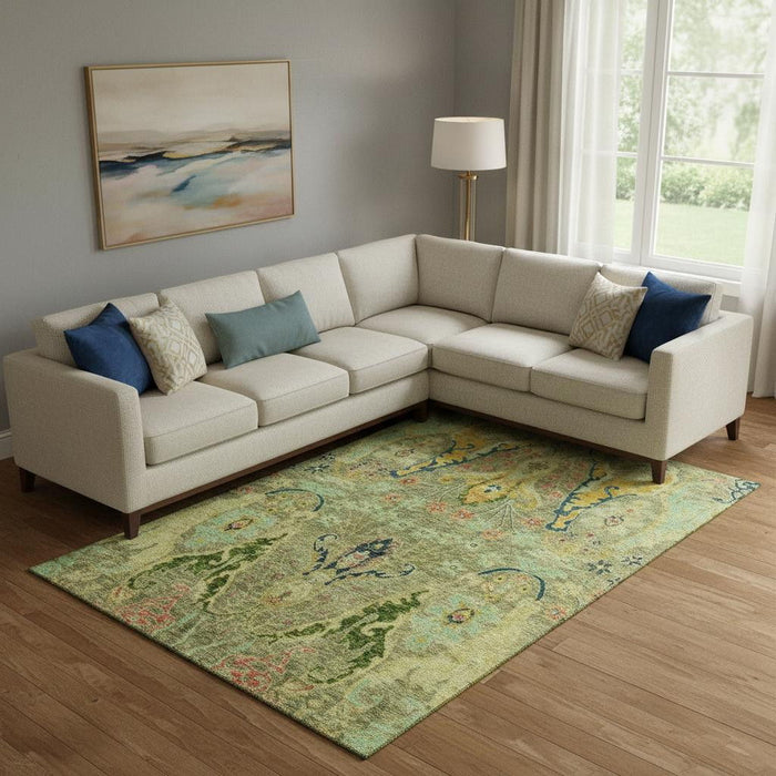 10' X 14' Floral Washable Area Rug With UV Protection (708487) - Green / Blue / Gold