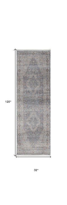 10' Oriental Power Loom Runner Rug With Fringe - Gray Blue And Red