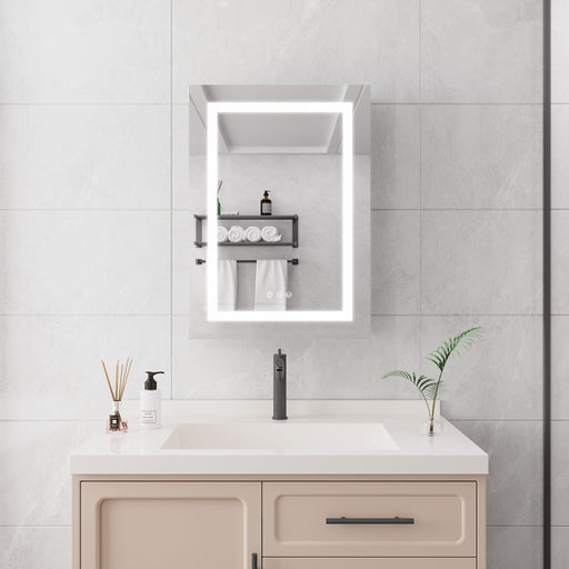 Silver Giga 20x28-inch wall-mounted bathroom medicine cabinet with LED mirror, anti-fog, dimmable lights, single door, storage shelves