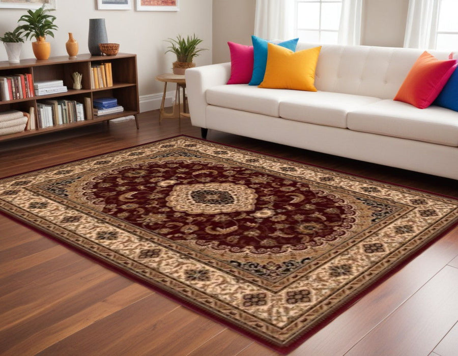 8' x 11' Floral Medallion Power Loom Area Rug - Red And Beige