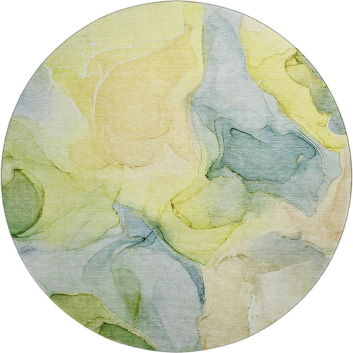8' Abstract Washable Round Rug With UV Protection (646749) - Yellow / Blue / Beige