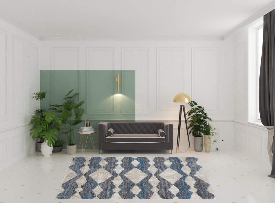 8' x 10' Chevron Power Loom Stain Resistant Area Rug - Ivory Gray And Blue