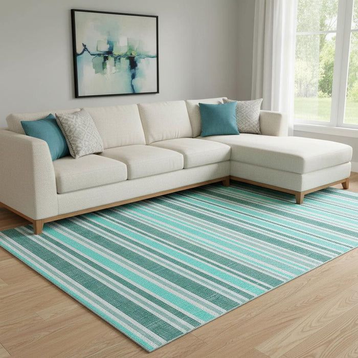 9' X 12' Striped Washable Area Rug With UV Protection (647889) - Turquoise / Ivory