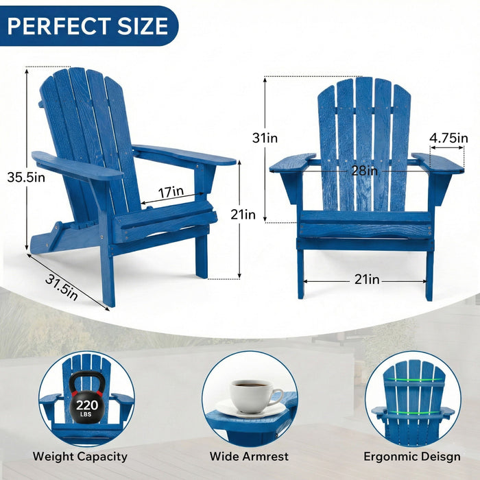 Giga navy blue folding Adirondack lounge chair with embossed grain, ideal for patio, backyard, deck, or poolside relaxation.