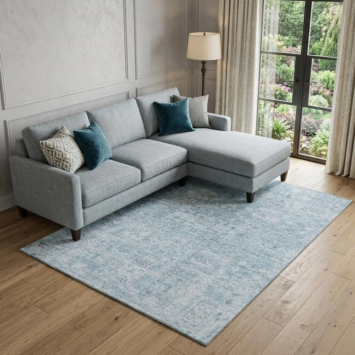 9' X 12' Floral Washable Area Rug With UV Protection (651207) - Sky Blue / Ivory