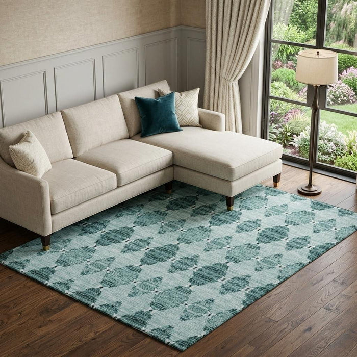 10' X 14' Moroccan Washable Area Rug With UV Protection (651160) - Teal / Ivory